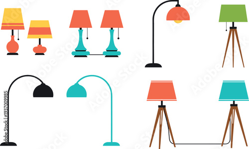 Professional collection of modern and mid century floor lamps and desk light fixtures with colorful shades and wooden tripod stands isolated on white.