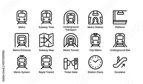 Metro icons: subway train, underground transport, station platform, ticket gate, escalator