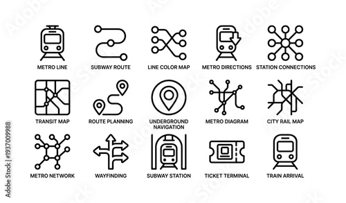 Icon set of metro and subway navigation elements for urban transit systems