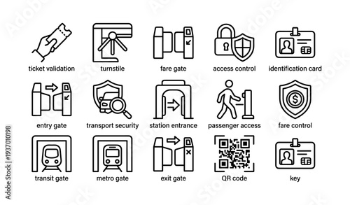 Public transit access and security icons: ticket, turnstile, fare gate, qr code