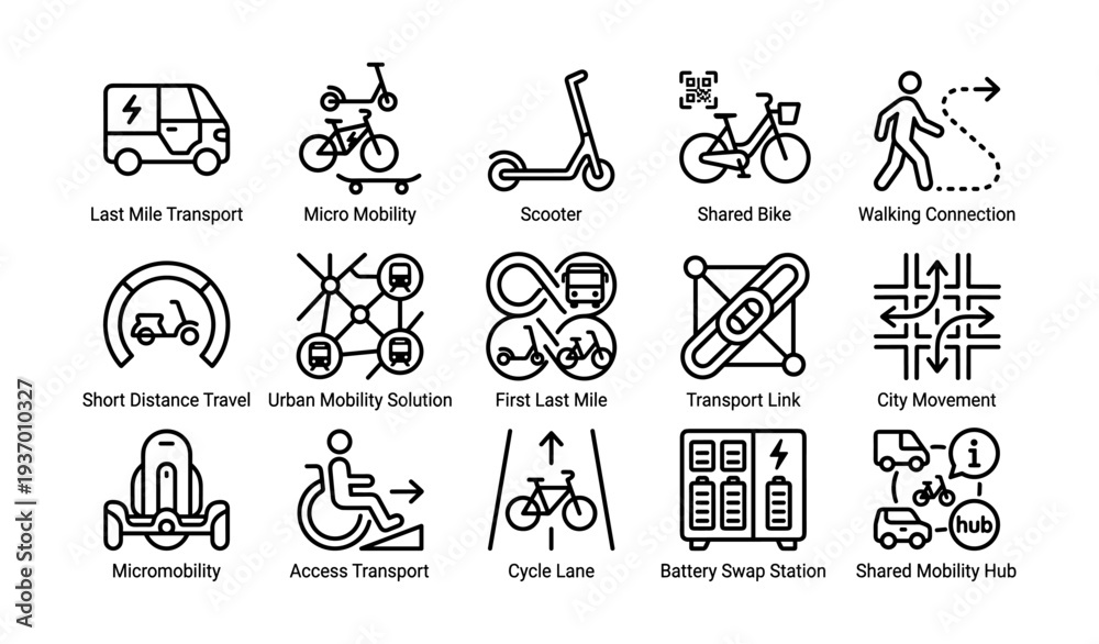 Fototapeta premium Urban mobility solutions icons featuring scooters, bikes, and transport links