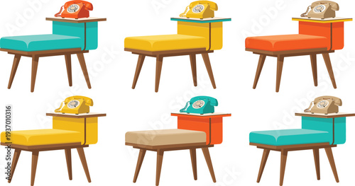 Professional collection of various vintage mid century modern telephone bench furniture designs with colorful rotary phones isolated on a white background for interior decor.