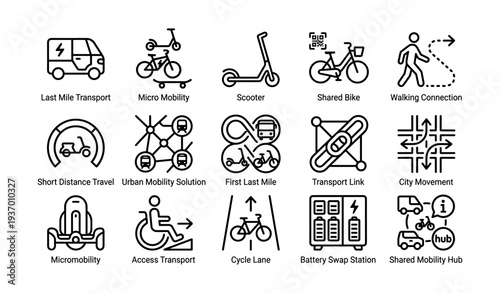 Urban mobility solutions icons featuring scooters, bikes, and transport links