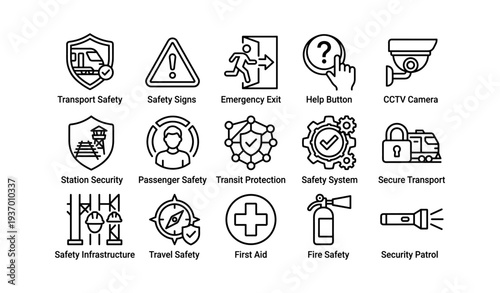 Safety icons collection: transport, security, emergency, travel, protection