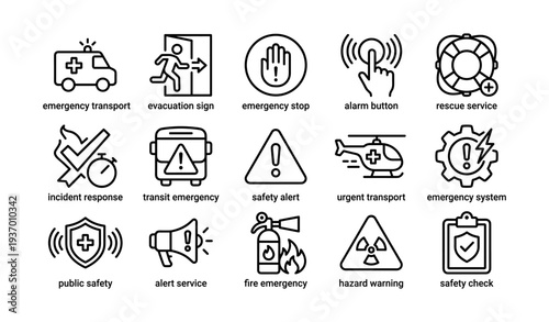Emergency icons set: transport, safety alerts, fire, rescue, hazard warning in black and white