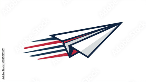 A paper airplane illustration with red, white, and blue streaks on a solid white background