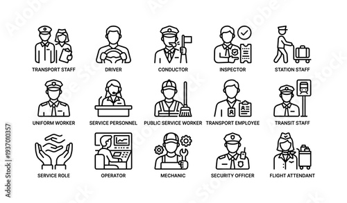 Transportation roles icons: diverse professions in public transit services
