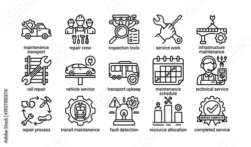 14 outline icons representing maintenance and repair services for transportation and infrastructure