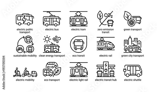 Eco-friendly urban transport icons: electric buses, trams, and sustainable mobility