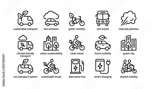 Sustainable transport and green mobility icons for eco-friendly urban solutions