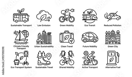 Icons illustrating sustainable transport and green mobility solutions