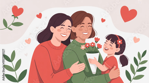 Three generations of women sharing love and flowers on valentine's day with hearts and leaves