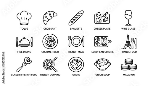 French cuisine icon set: baguette, croissant, cheese plate, wine glass, crepe, macaron