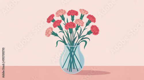 Vibrant pink and red carnations in a clear glass vase on a table with soft peach background