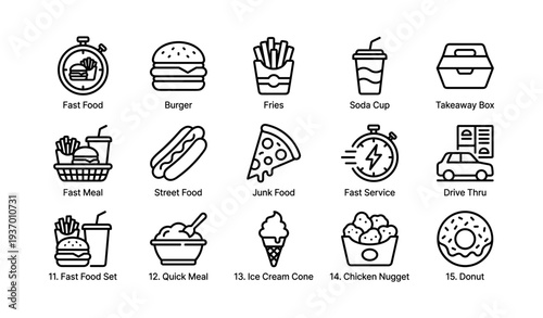 Fast food icons set: burger, fries, pizza, soda, hot dog, donut, ice cream, chicken nugget