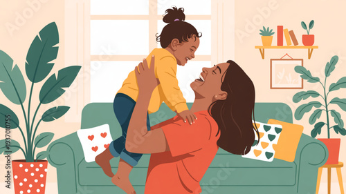 Mother playfully carrying her happy little daughter on her shoulders in a cozy living room with plants