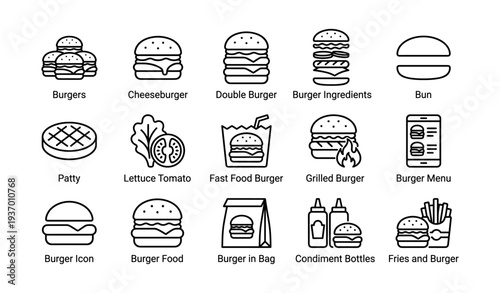 Illustrated burger icons set featuring various fast food elements