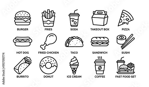 Assorted fast food icons: burger, fries, soda, pizza, sushi, taco, ice cream