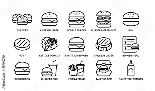 Burger icons set: cheeseburger, ingredients, fast food items