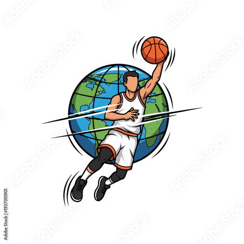 Basketball player jumping for a slam dunk with the Earth globe in the background