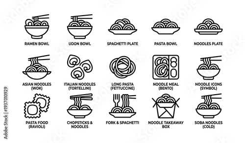 Variety of noodle dishes and icons featuring global pasta styles
