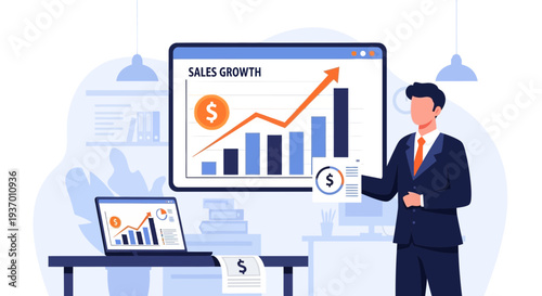 Business man presenting sales growth chart on screen.