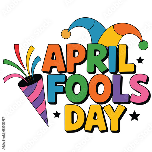 April Fools Day text with party popper and jester hats Keywords: april fools day, text