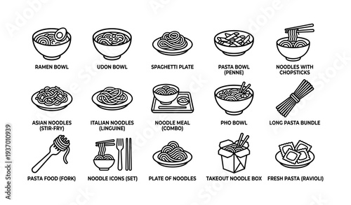 Variety of noodles and pasta dishes: ramen, udon, spaghetti, pho, and more