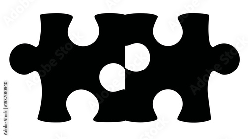 A black and white graphic depicting four jigsaw puzzle pieces partially connected