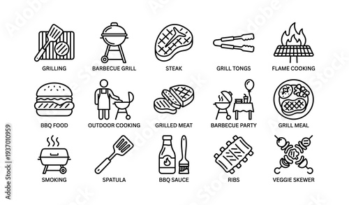 Barbecue icons: grilling, steak, bbq food, outdoor cooking, grill tongs