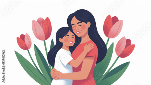 Mother and daughter embracing surrounded by vibrant pink tulips on white background with green leaves