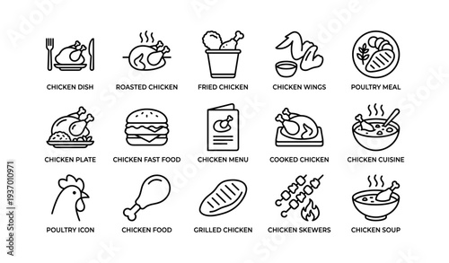 Various chicken dishes and icons illustrating delicious poultry meals and fast food options