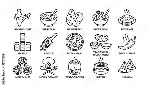 Indian cuisine icons featuring curry, naan, spices, lentils, and tandoor oven