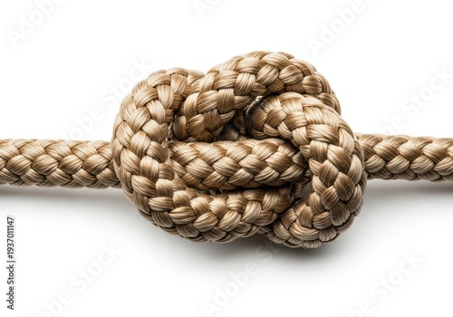 A thick piece of woven light brown rope tied into a complex slipknot or loop against a clean plain white background, trouble, concept, white background