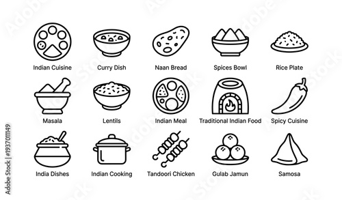 Traditional indian cuisine icons: curry, naan, spices, lentils, tandoori
