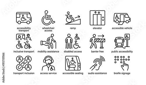 Inclusive transportation icons: accessibility, mobility, barrier-free services, and public access