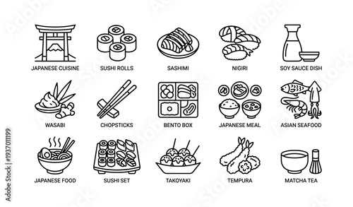 Japanese cuisine icons: sushi, sashimi, bento, tempura, matcha
