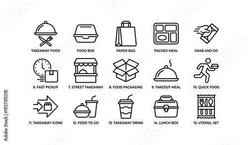 Takeaway food icons: packaging, delivery, fast pickup, grab-and-go options illustrated