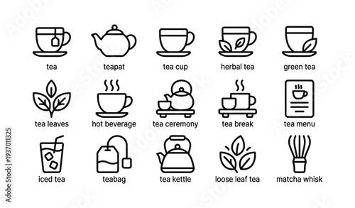 Tea icons set: teapot, cup, herbal, green, iced, ceremony, kettle, menu