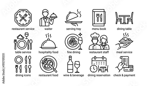 Restaurant service icons: dining, waiter, menu, hospitality, food