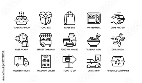 Takeaway icon set illustrating fast food concepts and packaging