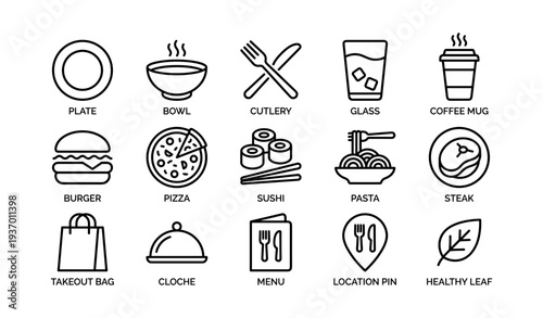 Dining icons: plate, bowl, cutlery, glass, coffee mug, burger, pizza, sushi, pasta, steak, and more
