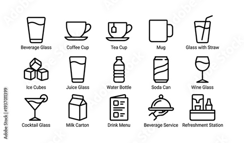 Line art icons of various beverage containers and drink services