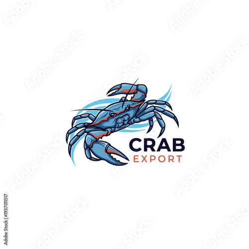 Blue crab export logo with ocean waves and stylized text
