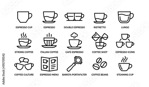 Espresso icons: coffee cups, barista tools, and brewing symbols