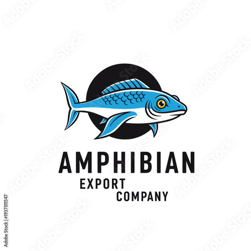 Blue fish logo for Amphibian Export Company on a white background