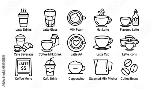 Coffee icon set: latte, milk, cappuccino, flavored, glass, cup, pitcher, coffee beans, menu
