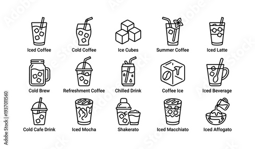 Variety of iced coffee beverages with icons and ice cubes