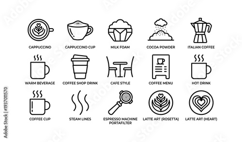 Coffee icon set: cups, foam, espresso, latte art, menu items
