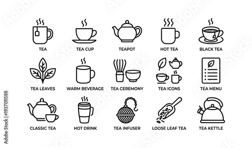 Tea icons collection: cup, teapot, leaves, infuser, kettle